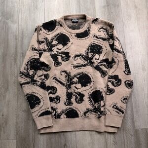 Y2K RGSTR Skull Knit Sweater L Beige Black All Over Print Crewneck Streetwear